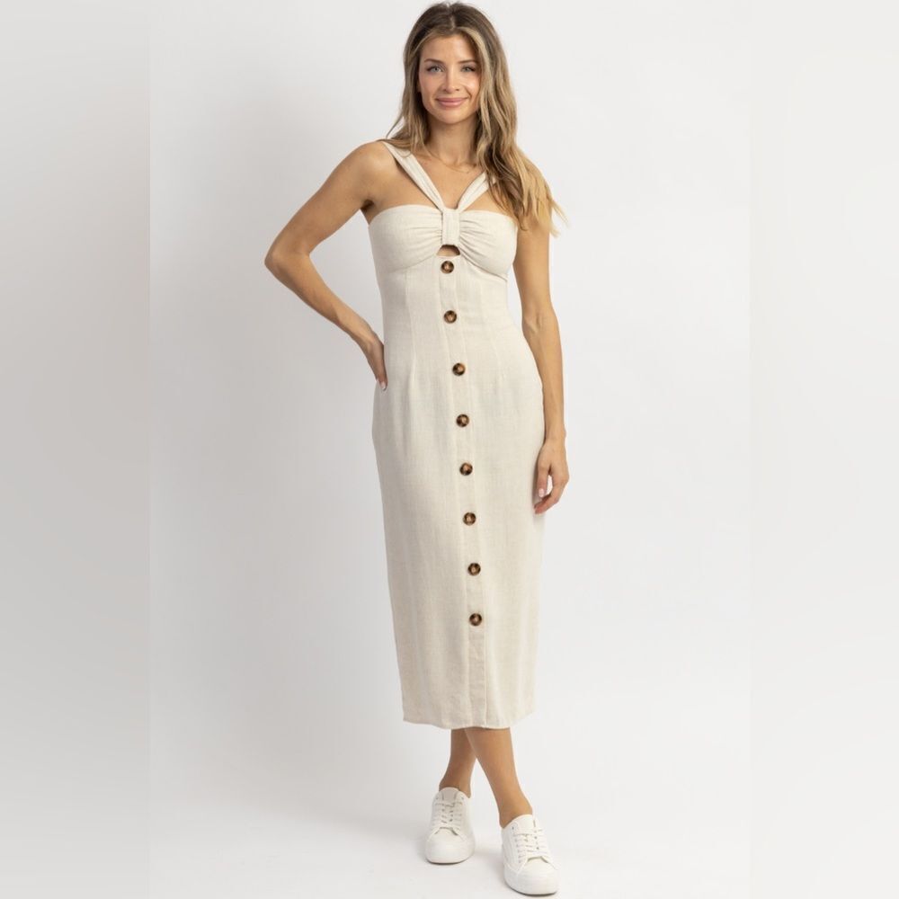 NWT I.N.A Ina Rae Neutral Bow + Button Linen Midi Dress Size Large